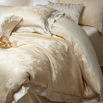 Luxuriöses Satin-Jacquard-Blumenbettwäsche-Set mit Bettdecke und Kissenbezügen