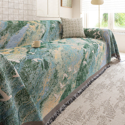 Reversible Jacquard Woven Seagull-Pattern Fringed Sofa Throw Cover