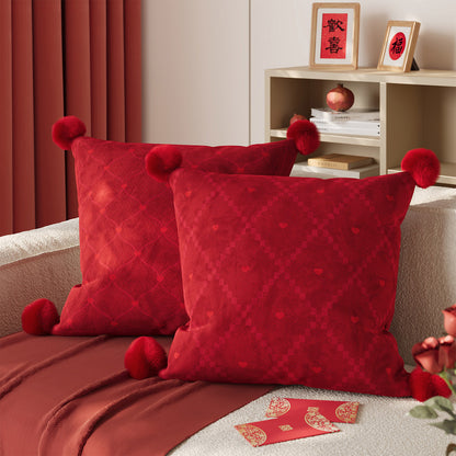 Luxurious Velvet Pom-Pom Throw Pillow with Jacquard Heart Pattern