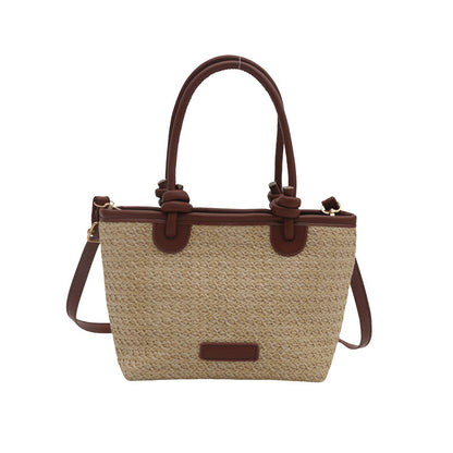 Woven Straw Tote-Handtasche mit Lederakzenten