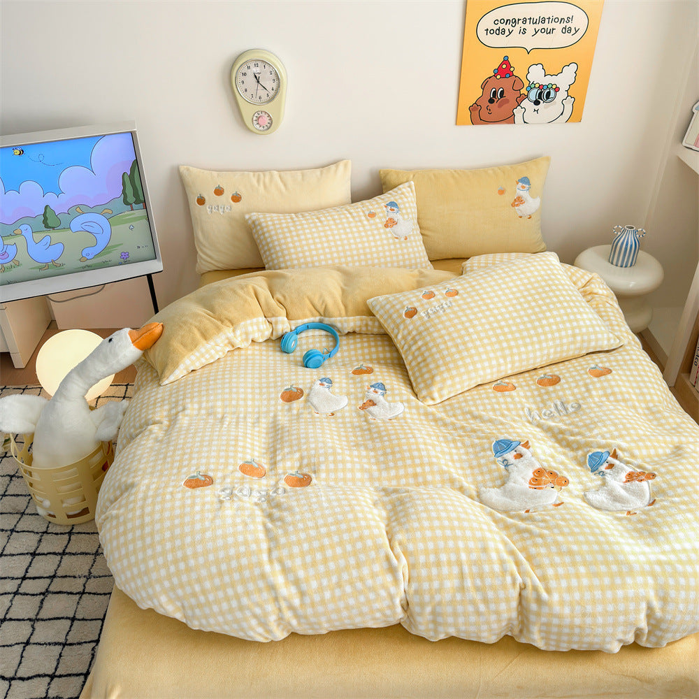 Kinder-Bettwäsche-Set mit gestickten Enten- und Fruchtapplikationen im Karo-Muster