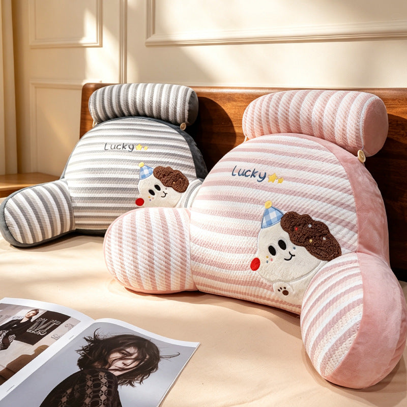 Ergonomisches Bett- und Lesekissen mit Nackenrolle, Armlehnen und besticktem Hunde-Motiv