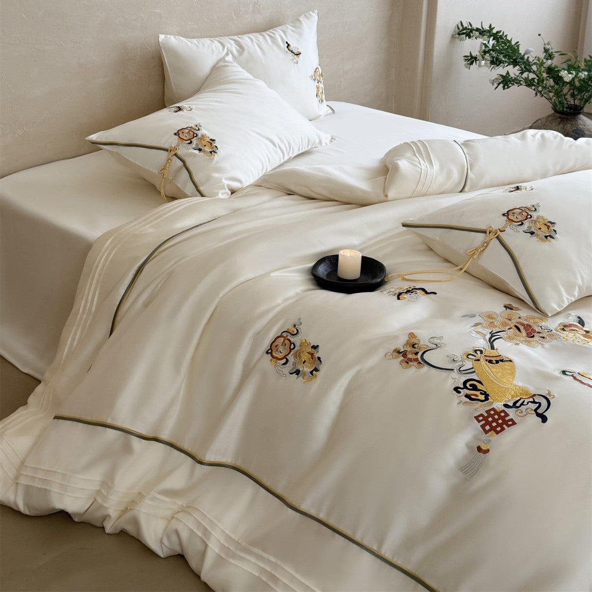 Luxuriös bestickte Satin Bettwäsche Bettbezug Set