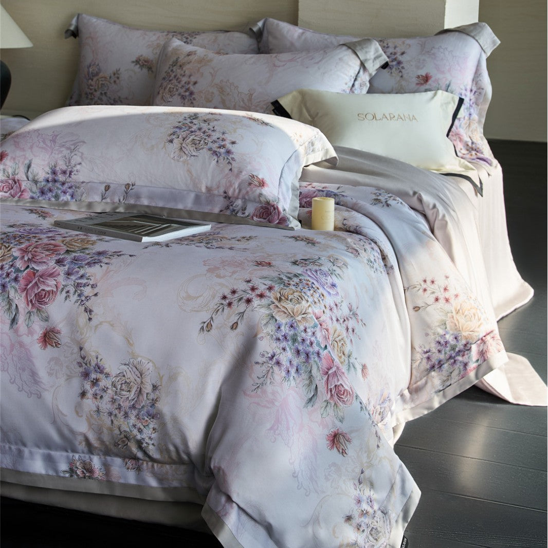 Florales Satin-Effekt Baumwollsatin Bettbezugset mit dekorativen Kissenbezügen