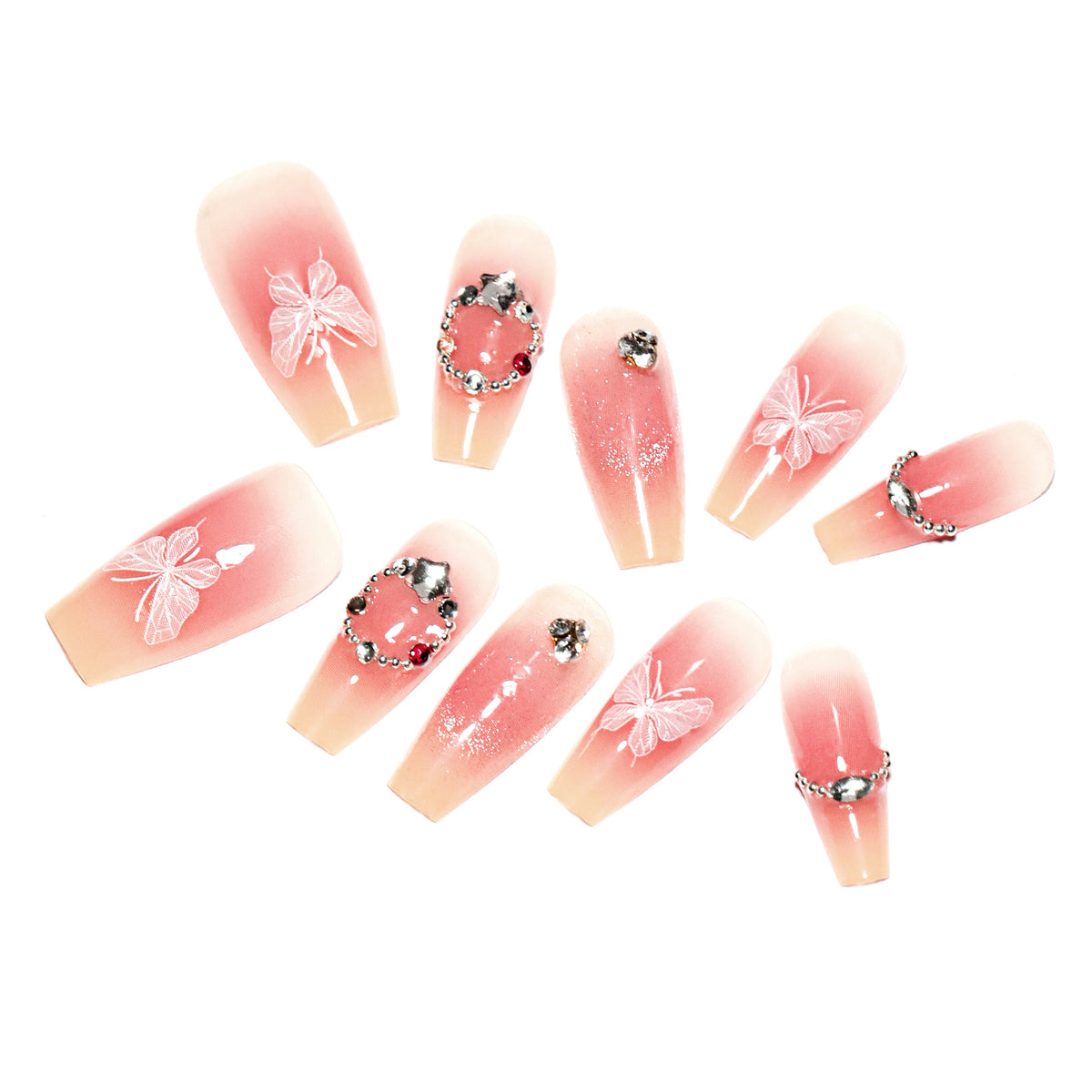 Künstliche Nagelverlängerungen mit floralem Design und funkelnden Akzenten Brehn