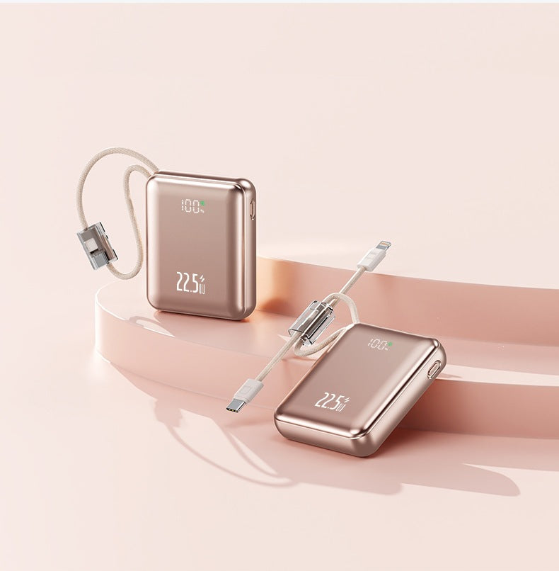 Kompakte Powerbank mit digitaler Leistungsanzeige und integriertem Ladekabel Brehn