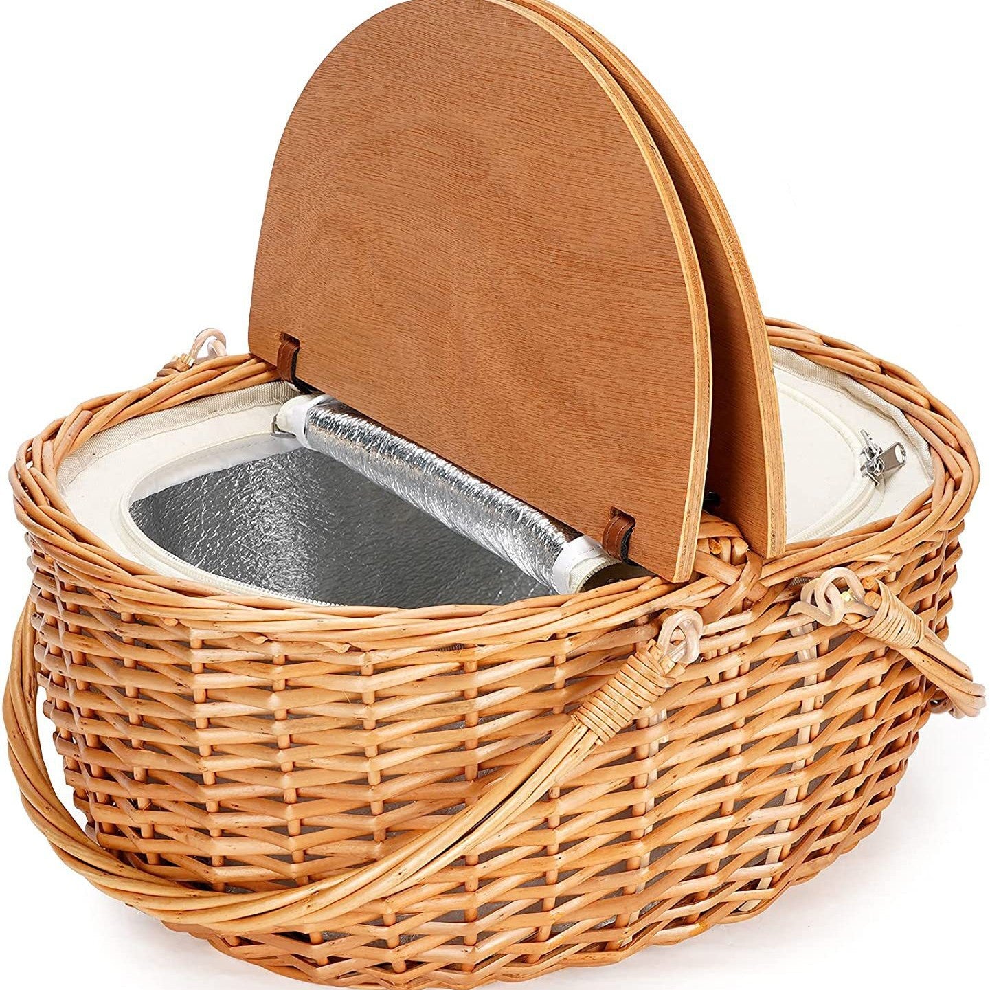 Damen Picknickkorb mit Holzdeckel und gestreiftem Futter Brehn
