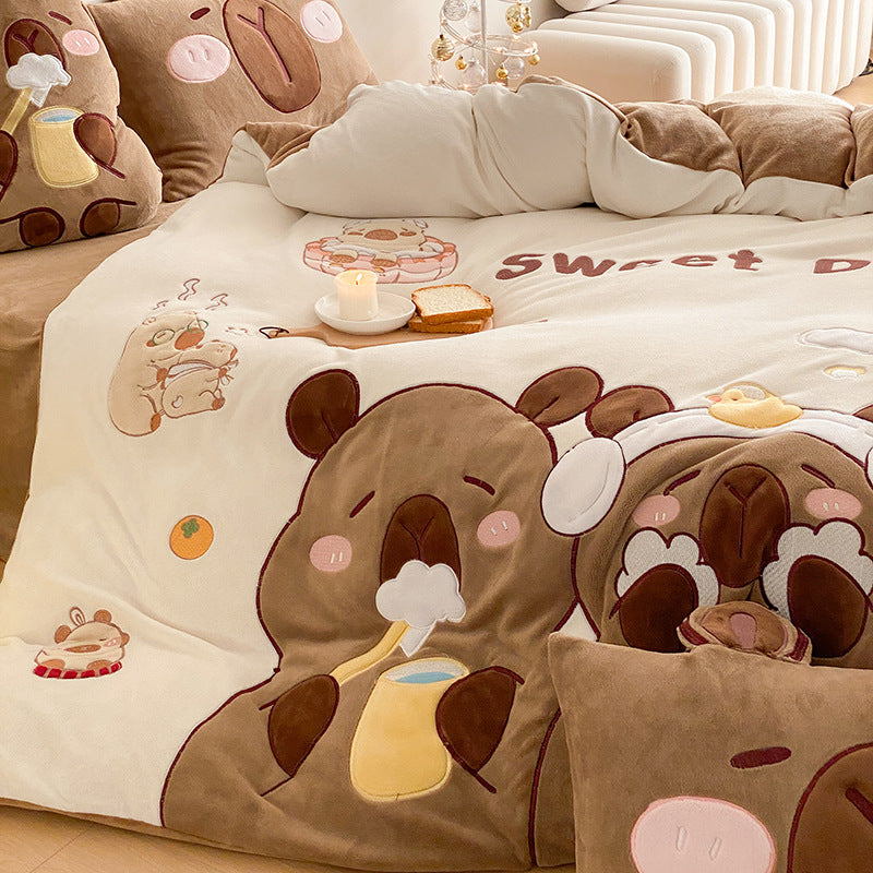 Flauschige Bettwäsche-Garnitur mit gesteppter Kuscheloberfläche, 3D-Teddy-Applikationen und wärmender Microfaserfüllung Brehn