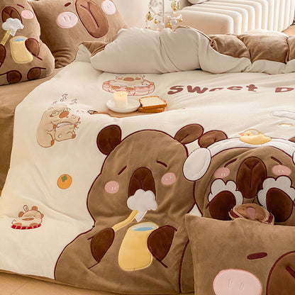 Flauschige Bettwäsche-Garnitur mit gesteppter Kuscheloberfläche, 3D-Teddy-Applikationen und wärmender Microfaserfüllung Brehn