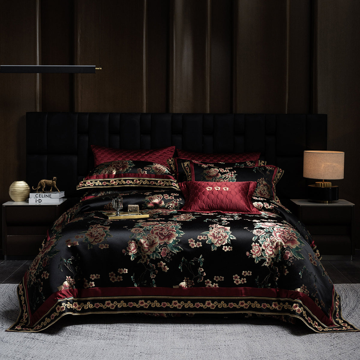 Luxus Satin Floral Jacquard Bettbezug Set mit gesteppter Kissenhülle & dekorativen Kissen