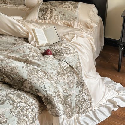 Luxuriöses Satin-Bettwäscheset mit Toile‑Motiv, Volant und Spitzenbesatz