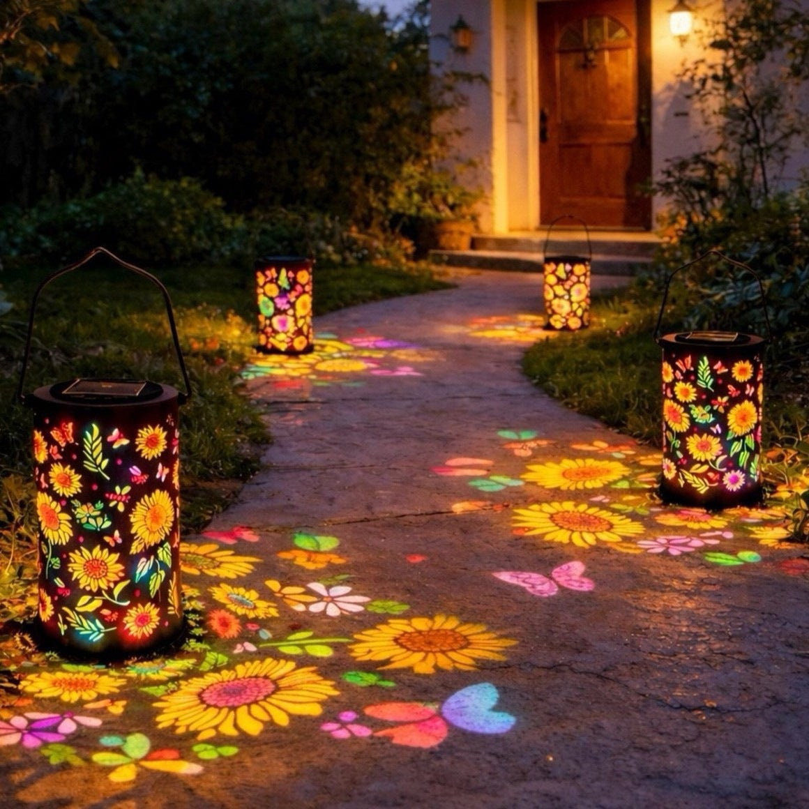 Solar Projection Lantern Mit Sonnenblumen Floral Metallzylinder Und Hängendem Griff Brehn