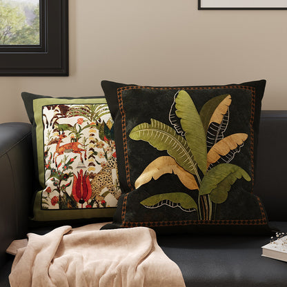 Square Velvet Accent Pillow Cover with Vintage Botanical Tapestry Print and Contrast Border