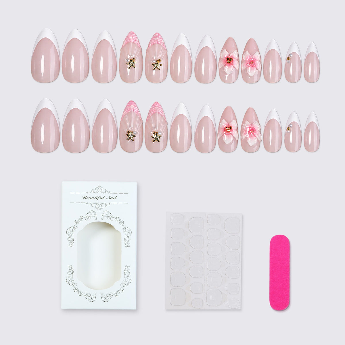 Kunstnagelset mit zarten Blüten- und Glitzerapplikationen Brehn