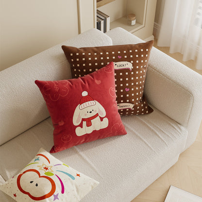 Square Cotton-Linen Throw Pillow Cover with Checkered Grid and Speech-Bubble Heart Graphics