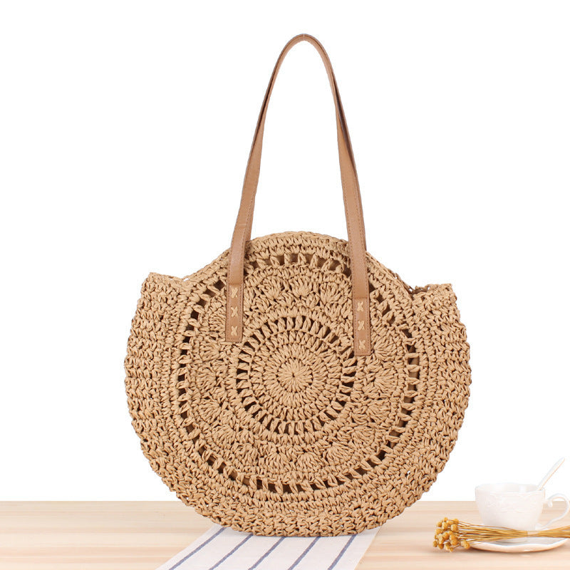 Runde Strohtasche mit Ledergriffen Brehn