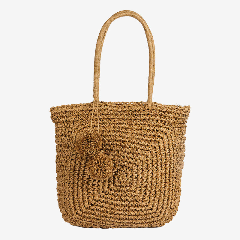 Damen Handgefertigte Basttasche mit verspieltem Pompon-Detail Brehn