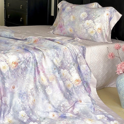 Satin-Bettwäschegarnitur mit floralem Aquarellprint und seidig glänzendem Finish