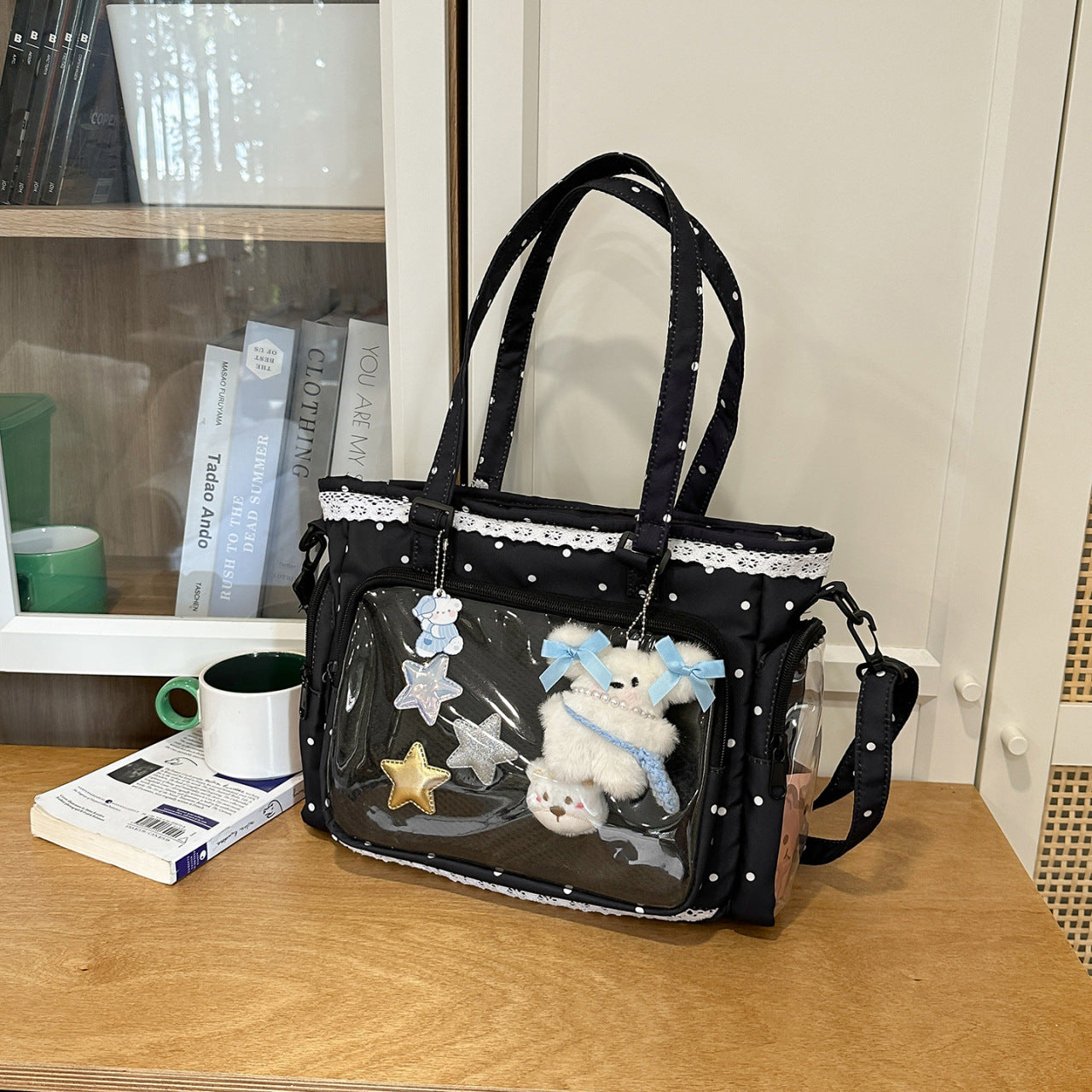 Handtasche mit Durchsichtiger Fächereinteilung und Verspieltem Applikationsdesign Brehn