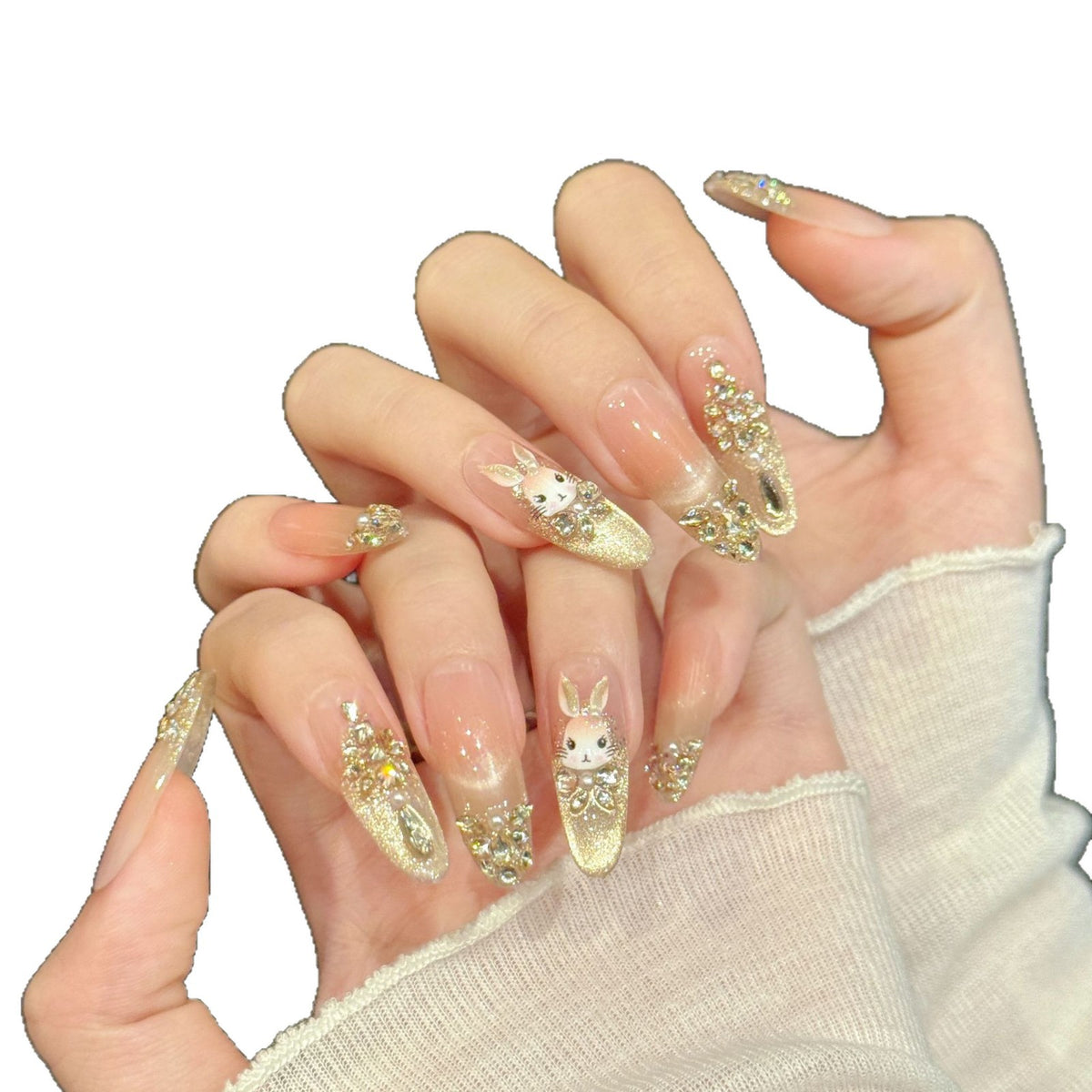 Dekoratives Press-On Nagelkunstset mit Hasen- und Edelsteinakzenten