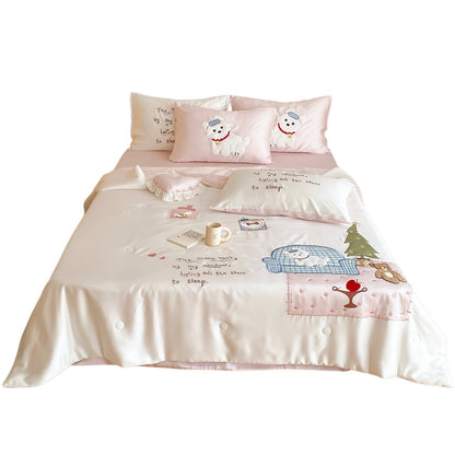 Verspieltes Satin-Bettwäsche-Set mit applizierten Tiermotiven und gesteppter Tagesdecke