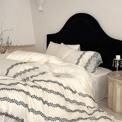 Baumwoll-Satin Bestickte Wellig Spitzen Bettbezug Set