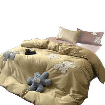 Floral Appliqué Satin-Feel Bettbezug Set mit Chenille Blumenakzenten