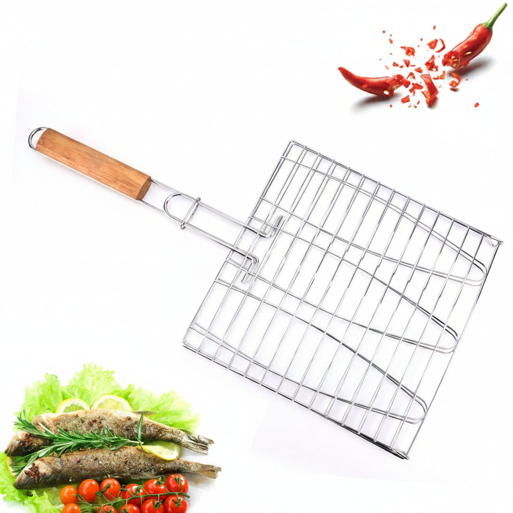 Verschließbarer Fisch- und Gemüsegrillkorb Aus Edelstahl mit Langem Holzgriff Brehn