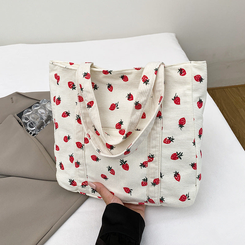Verspielte Erdbeer-Print Corduroy Tragetasche Brehn