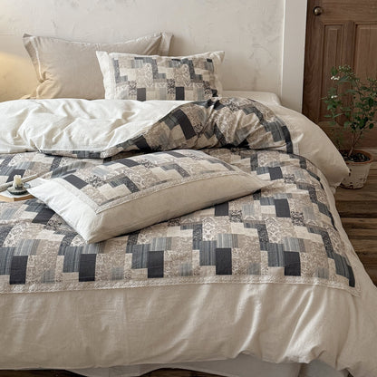 Patchwork gesteppte Bettbezugset mit Leinen-Mischung Percale Kissenbezügen