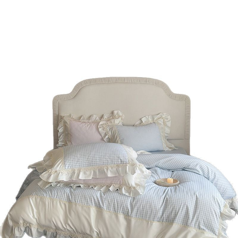 Hahnentritt Baumwolle Sateen Bettbezug Set mit Rüschenschlafkissen