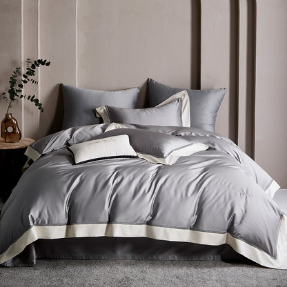 Elegantes Satin-Duvetbezug-Set mit kontrastierender Saumblende und feiner Biese