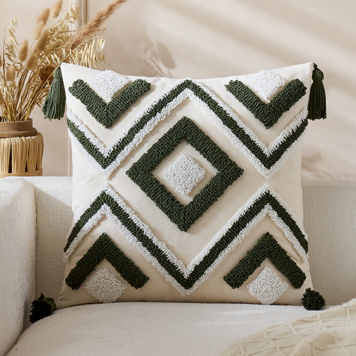 Geknotet Geometrisch Boho Quadratisches Wurfkissenbezug mit Eckenquasten und verstecktem Reißverschluss