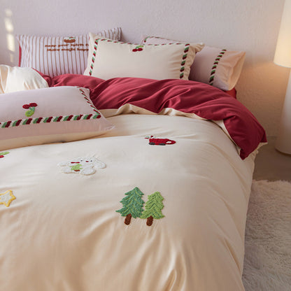 Wendbares Baumwollsatin-Bettwäsche-Set mit gestickten Winter- und Weihnachtsapplikationen