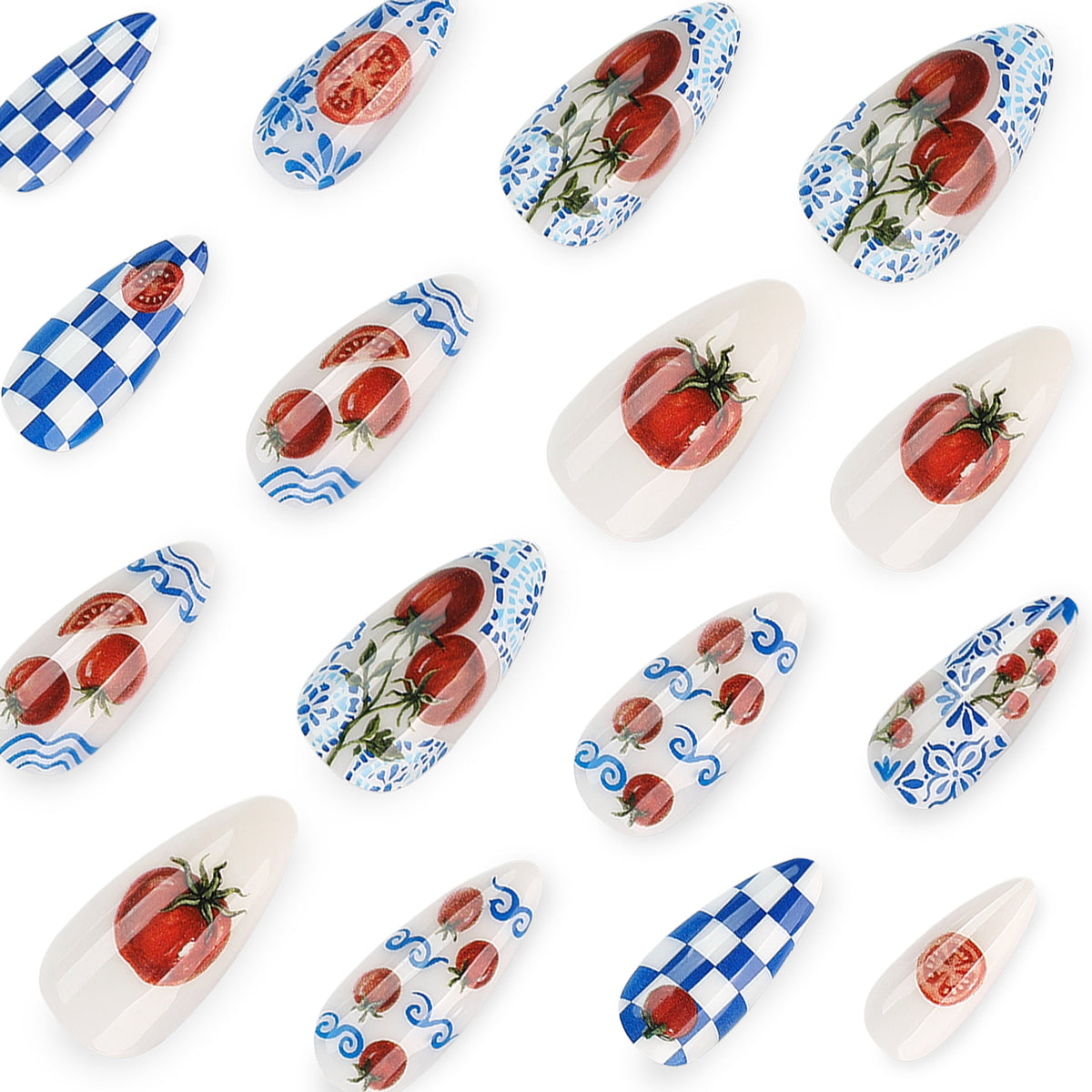 Kunstvolle Stiletto-Nägel mit fröhlichem Tomaten-Design Brehn