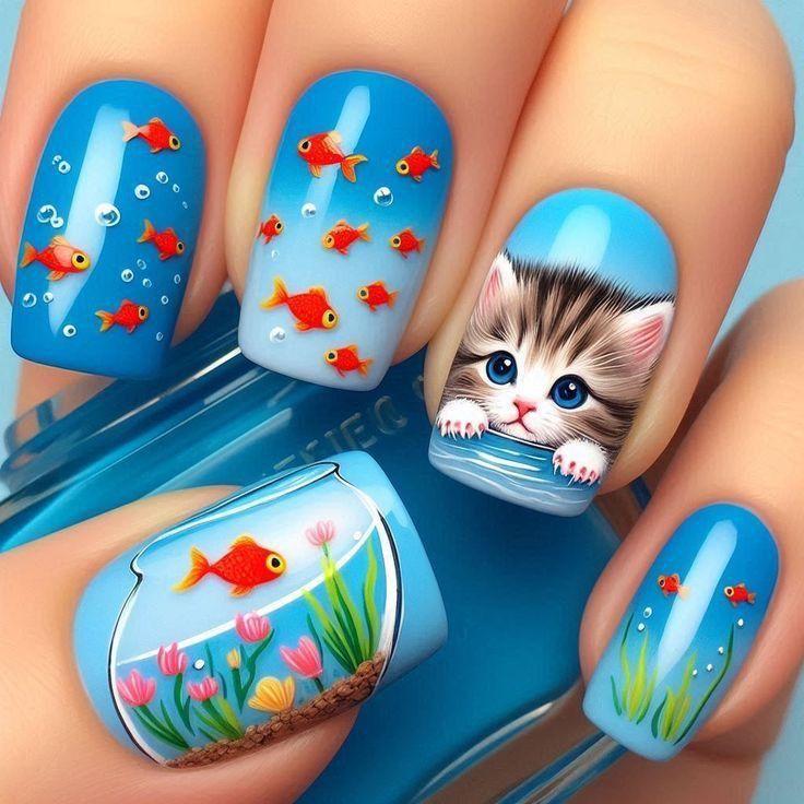 Kunstnägel mit Verspieltem Katzen- und Fisdesign Brehn