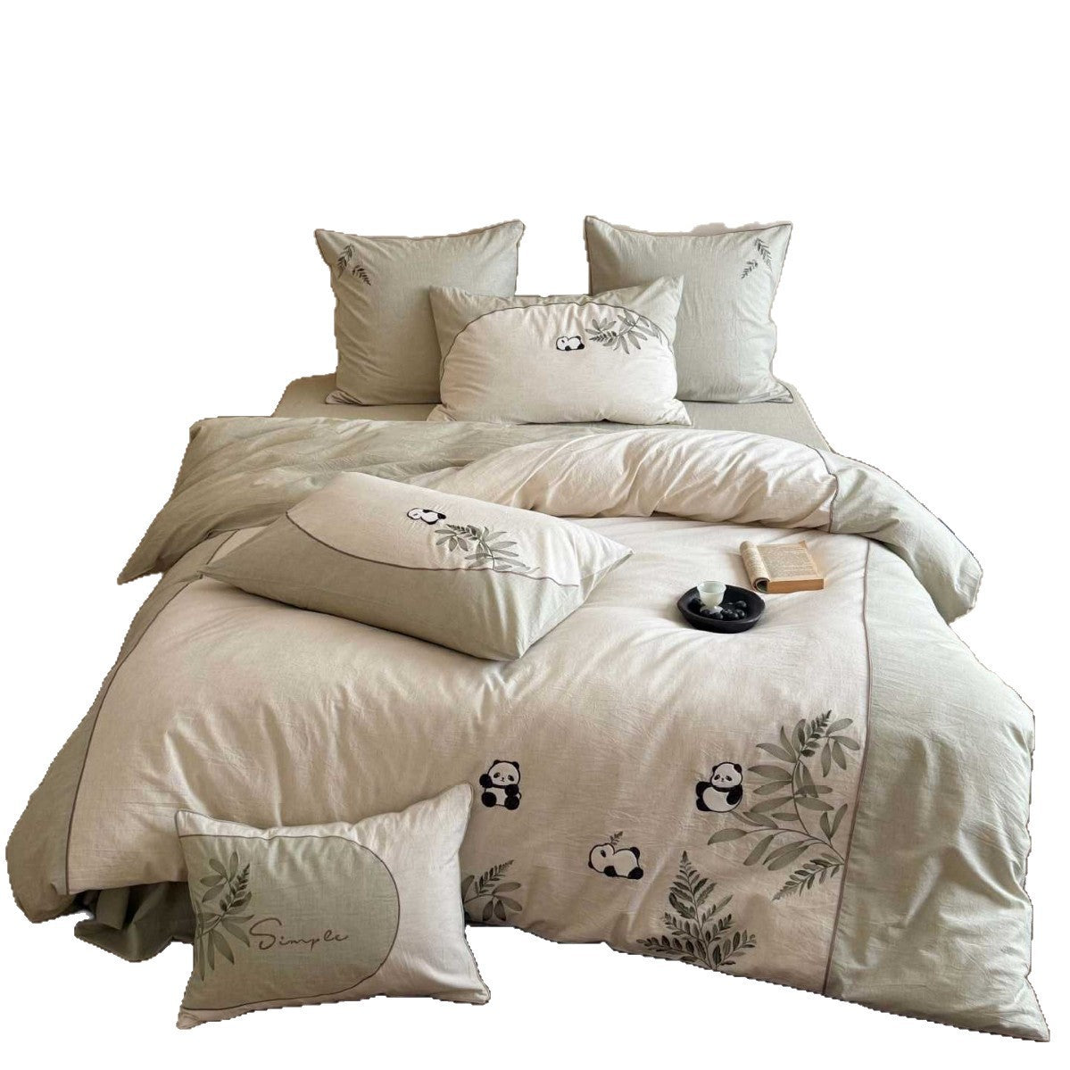 Bestickte Panda- und Botanische Baumwoll-Leinen Bettdeckenbezug Set mit Umschlag-Kissenbezüge