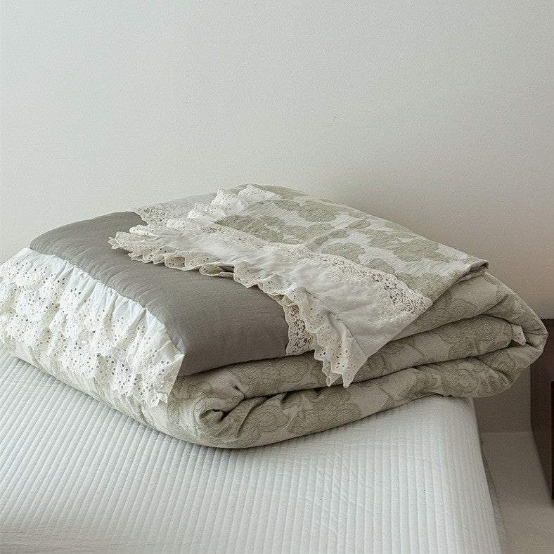 Vintage-Baumwoll-Bettwäsche-Set mit Lochspitze und handgezeichnetem Blumenmuster