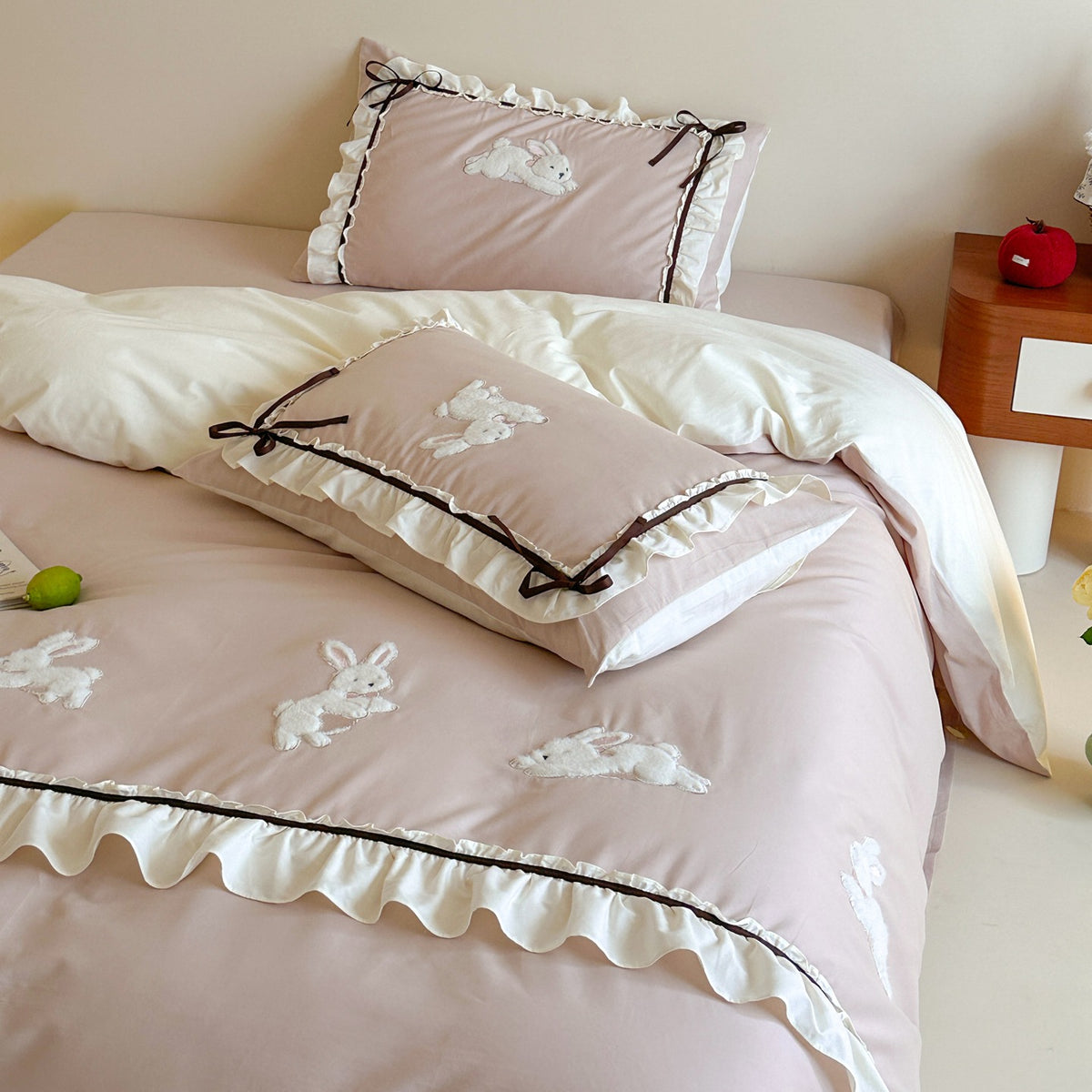 Rüsch-Applikation Hase Baumwolle Bettbezug Set mit Satin-Band Kissenbezüge