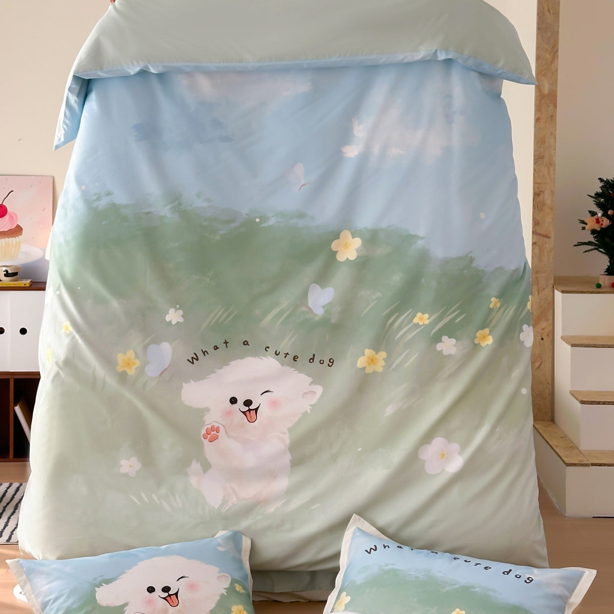 Cartoon Puppy Gedrucktes Baumwoll-Satin Bettbezug und Kissenbezug Set mit Paspelrand