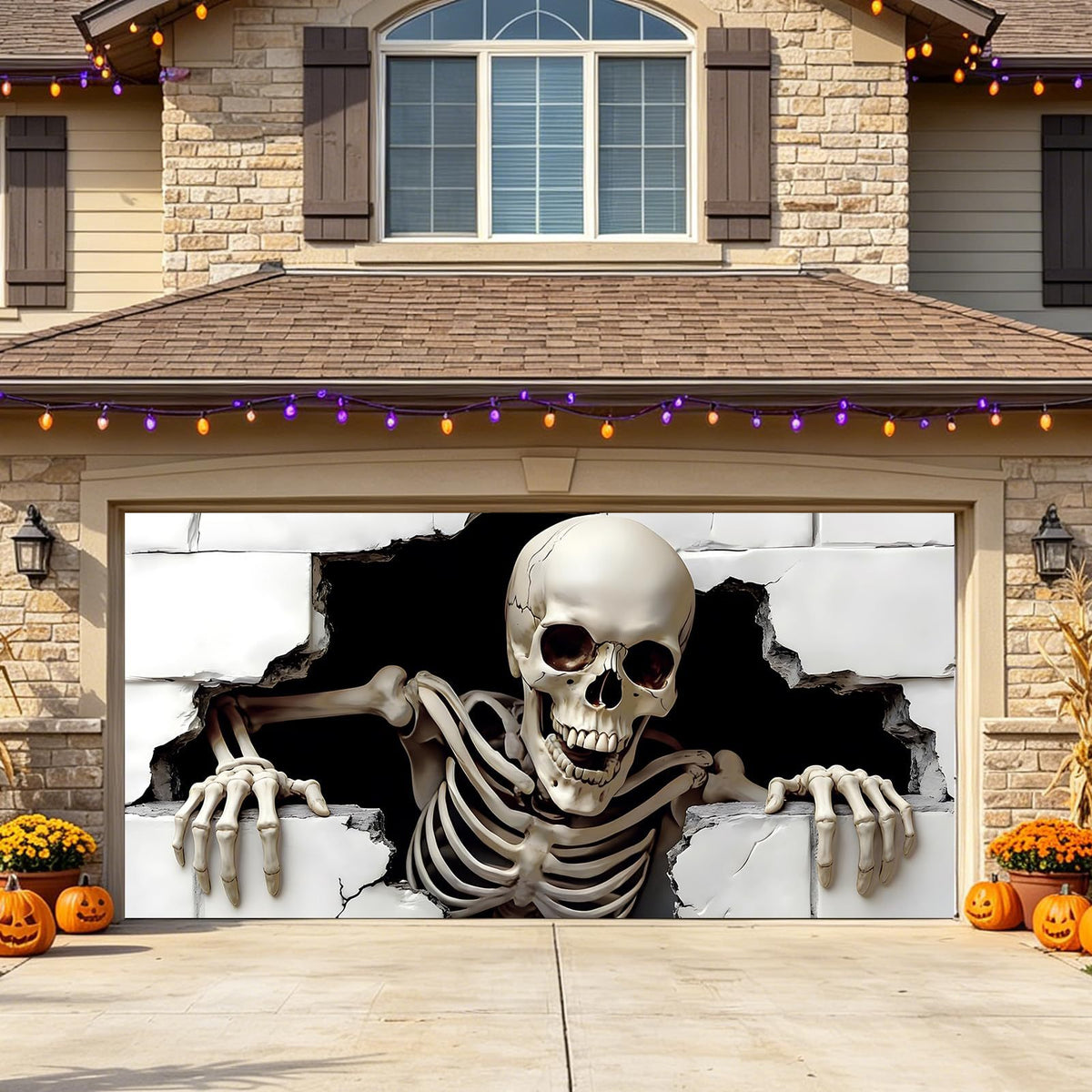 Großformatiger Halloween-Fotohintergrund aus wetterfestem Polyester mit geöstem Befestigungsrand und leuchtendem Haunted-House-Motiv