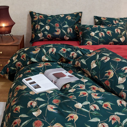 Botanisches Baumwoll-Satin Bettbezug-Set mit umkehrbarem Bezug