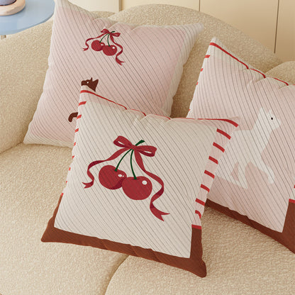 Square Cotton-Linen Throw Pillow Cover with Whimsical Cat Silhouette and Festive Cherry Ribbon Print