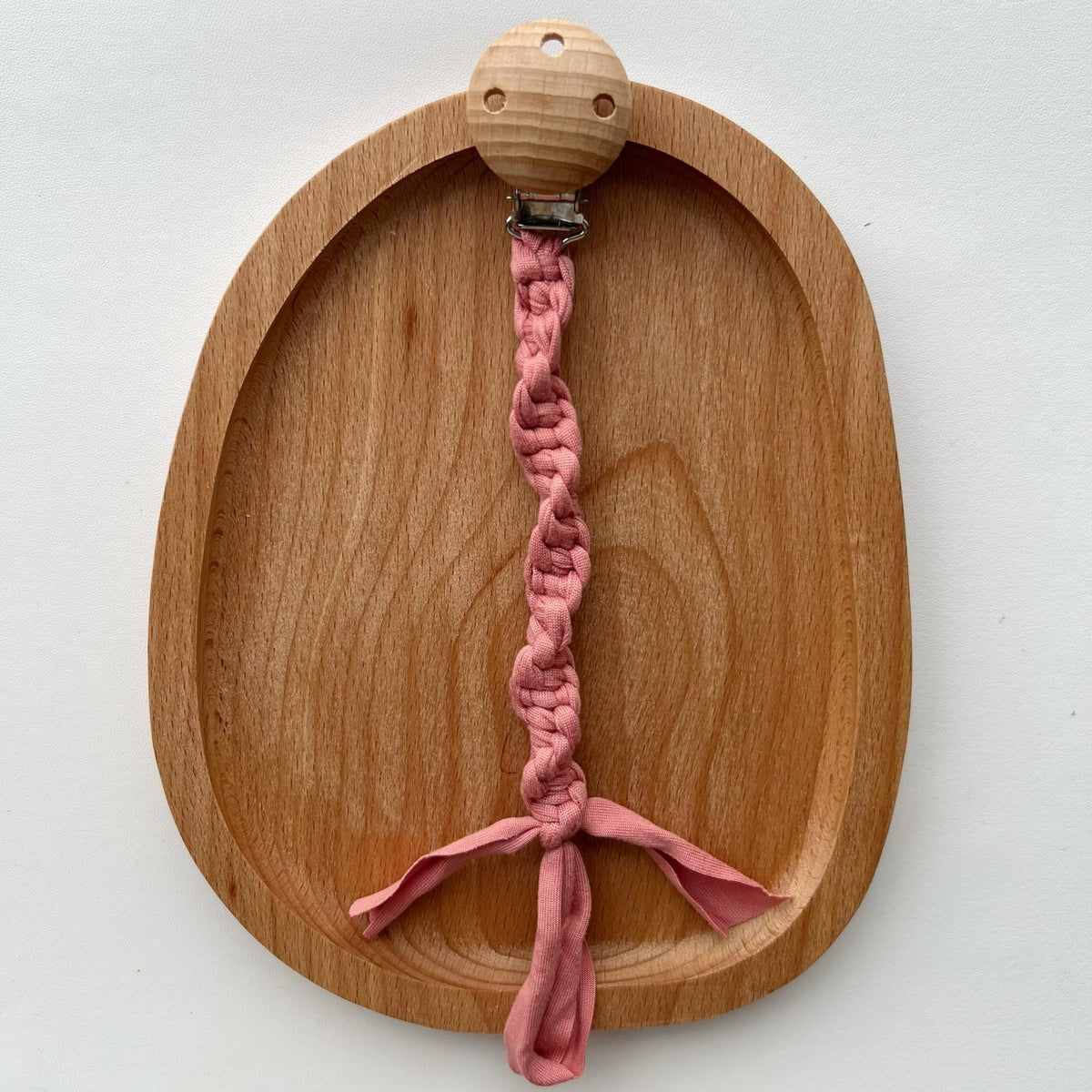 Geflochtene Baumwoll-Schnullerkette mit Holzsicherheitsklemme
