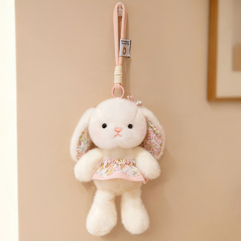 Plüsch Hase Taschenanhänger Schlüsselanhänger mit dekorativem Bogen und floralem Kleid Brehn