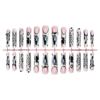 Gothic-Themen Press-On Nagelkunst Set mit Spinnen- und Sargdesigns
