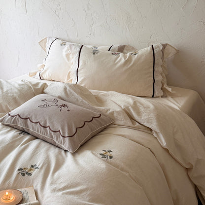 Botanisch Besticktes Leichtes Stonewashed Baumwoll-Leinen Bettbezugset