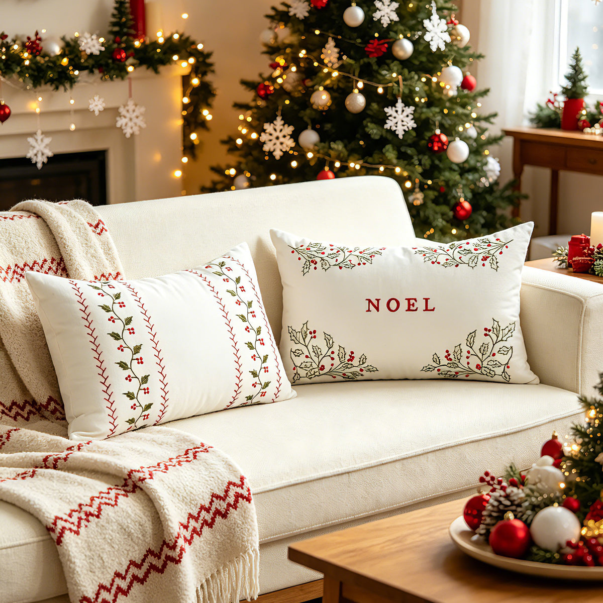 Bestickter Feiertags-Lendenkissenbezug mit NOEL-Stechpalmenmotiv