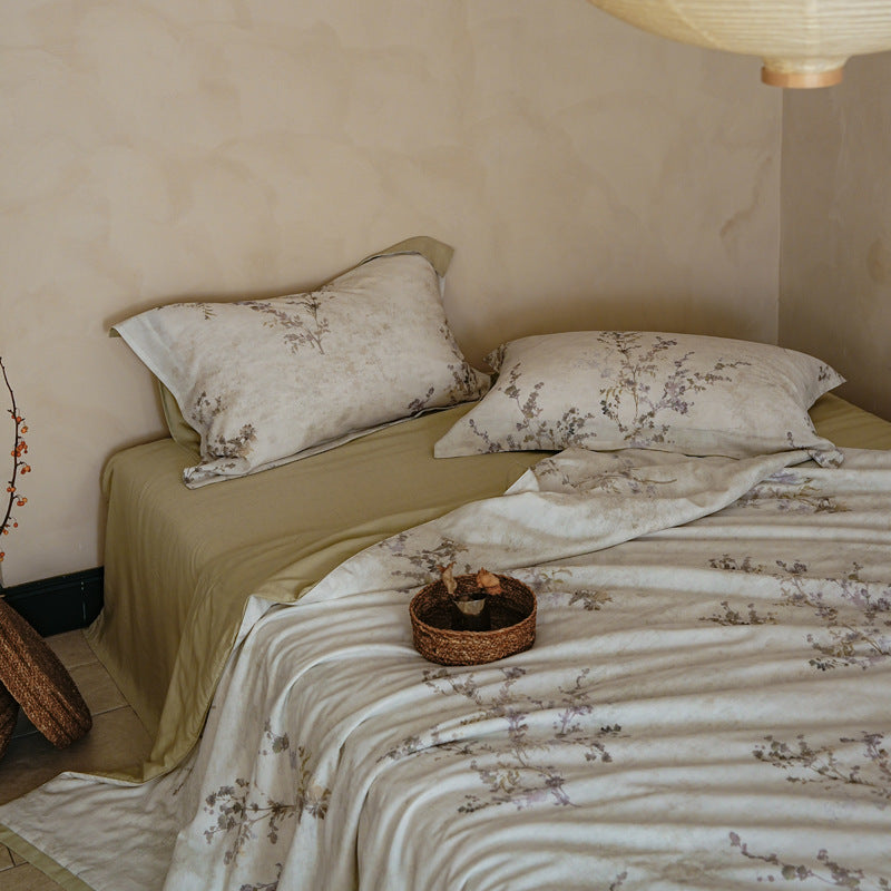 Baumwollsatin Bettbezug-Set mit leichter Leinen-Optik und Vintage-Blumenrapport