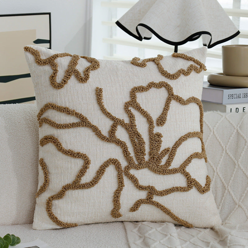 Quadratischer dekorativer Kissenbezug mit erhabenem floralen Chenille‑Tufting und Leinenoptik Brehn